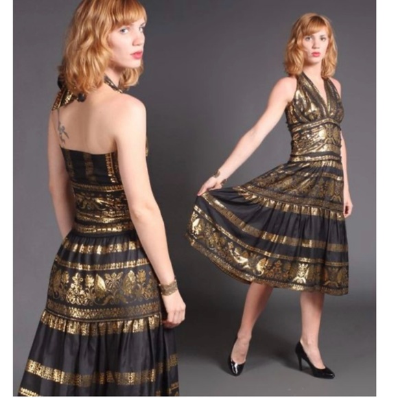 Ralph Lauren Dresses & Skirts - Vintage Ralph Lauren Black Label Silk Dress Woven Black Gold Halter Brocade M
